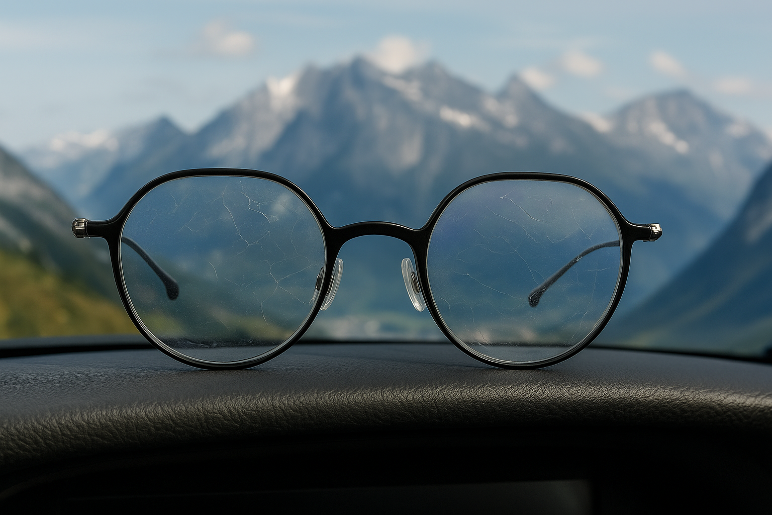 BONOCLER-Augenoptiker Tipp: Brille liegt auf dem Armaturenbrett im Auto – Schutz vor Hitze empfohlen. Brillenglas defekt.