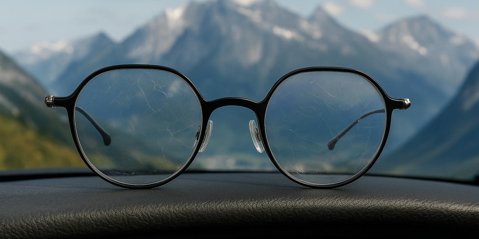 BONOCLER-Augenoptiker Tipp: Brille liegt auf dem Armaturenbrett im Auto – Schutz vor Hitze empfohlen. Brillenglas defekt.