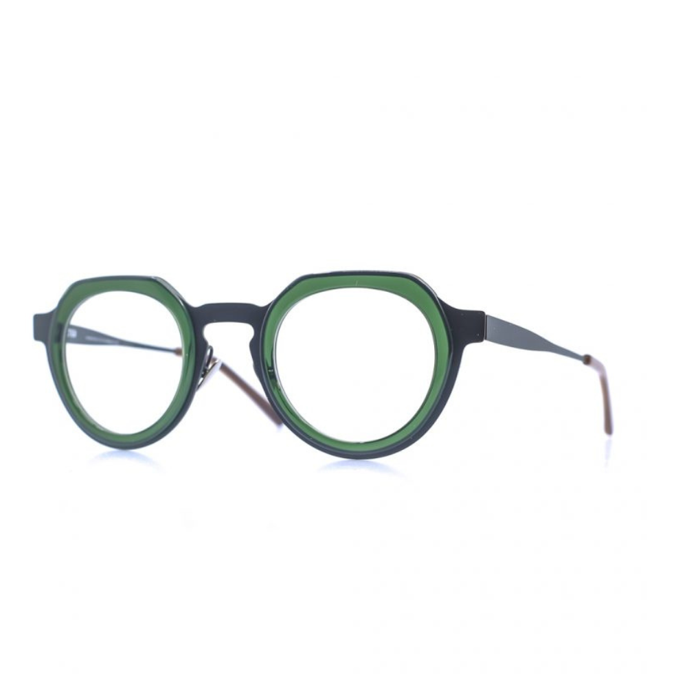 Panto-runde Brille aus Bioacetat und Edelstahl, Farbe Grün-Grau, breite Passform. Seitenansicht.