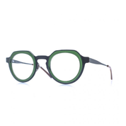 Panto-runde Brille aus Bioacetat und Edelstahl, Farbe Grün-Grau, breite Passform. Seitenansicht.