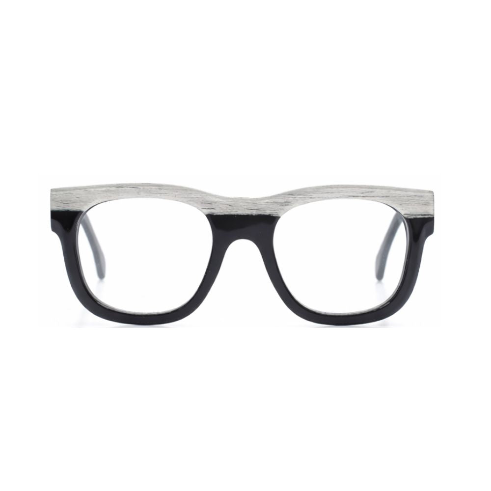 Markant verarbeitete, ovale Brille aus Bioacetat und Holz in Schwarz. Breite Passform. Limitierte Kollektion mit 250 Stück. Frontansicht.