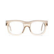 Ovale Brille aus Bioacetat und Holz, transparent, breite Passform, limitierte Auflage 250 Stück.
Frontansicht.