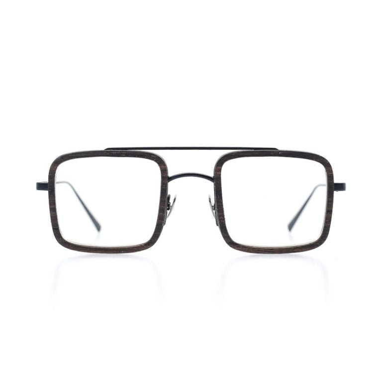 Herrenbrille aus Holz und Edelstahl, eckige Form, dunkel schwarz, breite Passform, 134x43, Optiker Baden