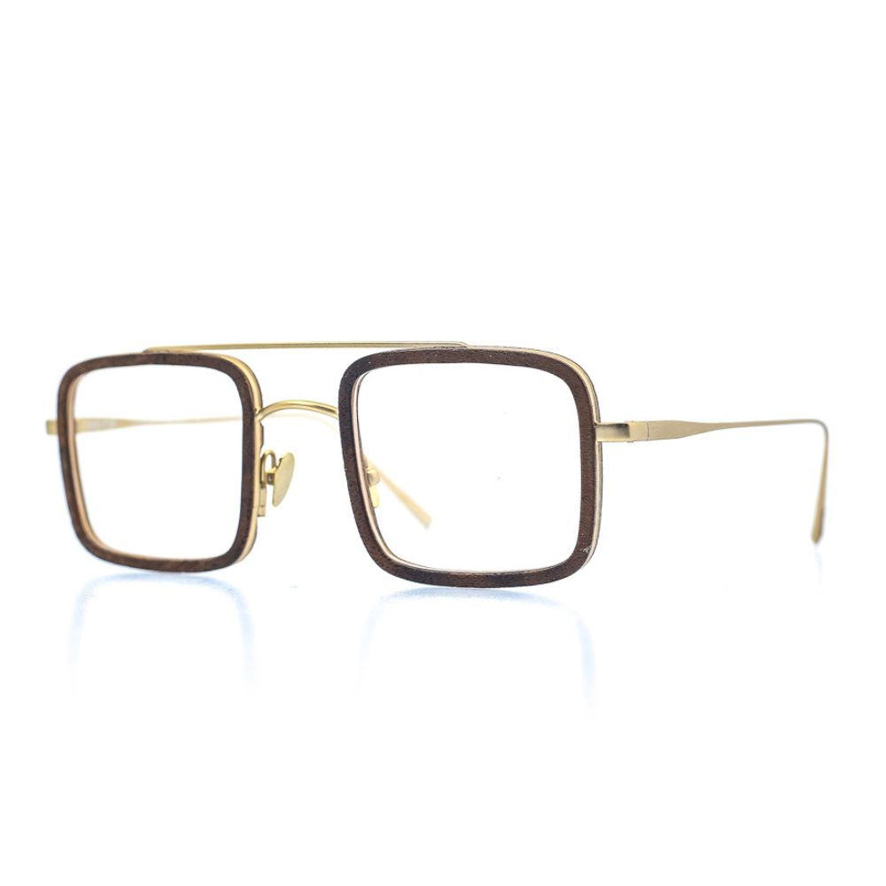 Herrenbrille aus Holz und Edelstahl, eckige Form, dunkel schwarz, breite Passform, 134x43, Optiker Zürich. Front