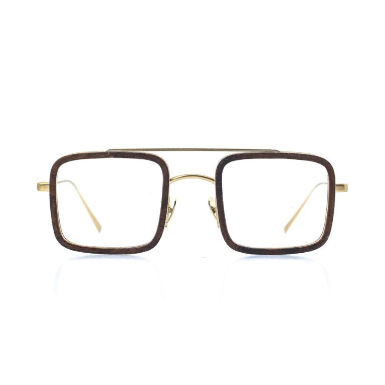 Herrenbrille aus Holz und Edelstahl, eckige Form, dunkel schwarz, breite Passform, 134x43, Optiker Zürich. Front