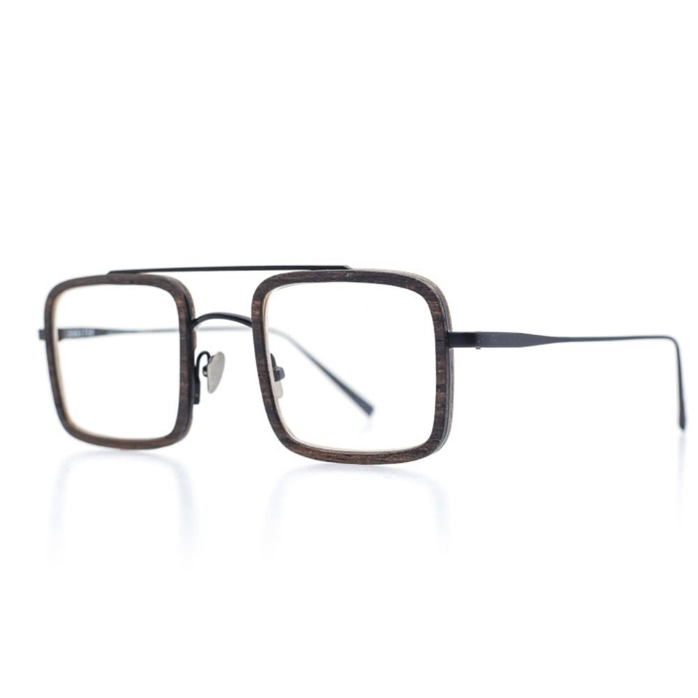 Herrenbrille aus Holz und Edelstahl, eckige Form, dunkel schwarz, breite Passform, 134x43, Optiker Baden. side