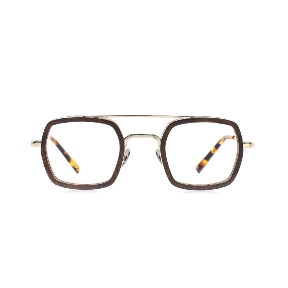 Brille aus recyceltem Kunststoff und Edelstahl. SHolz. Frontansicht.