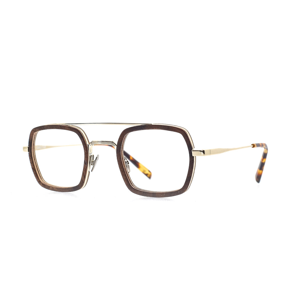 Brille aus recyceltem Kunststoff und Edelstahl. SHolz. Seitenansicht.