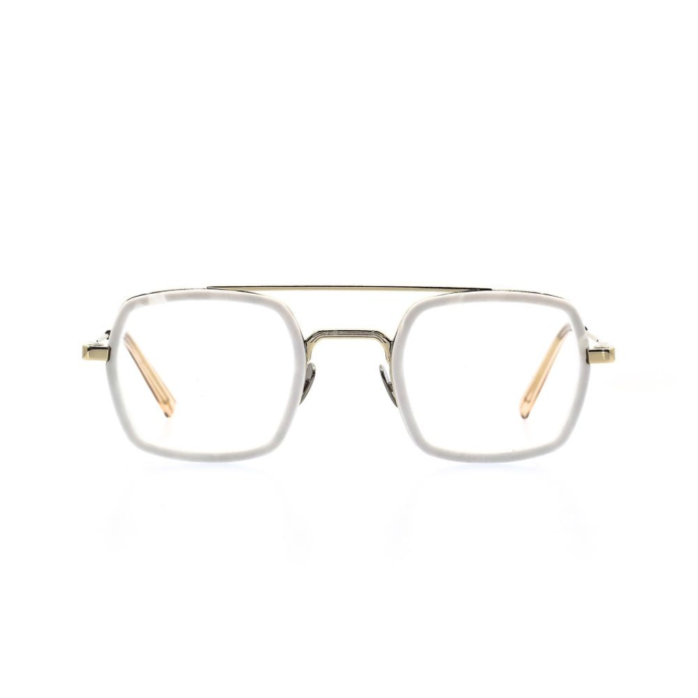 Weisse Brille aus recyceltem Kunststoff und Edelstahl. Frontansicht