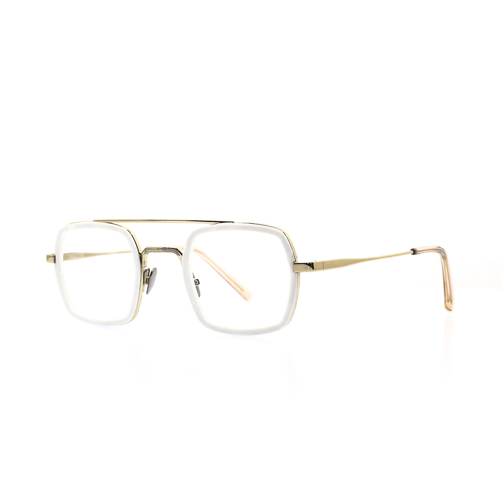 Weisse Brille aus recyceltem Kunststoff und Edelstahl. Seitenansicht