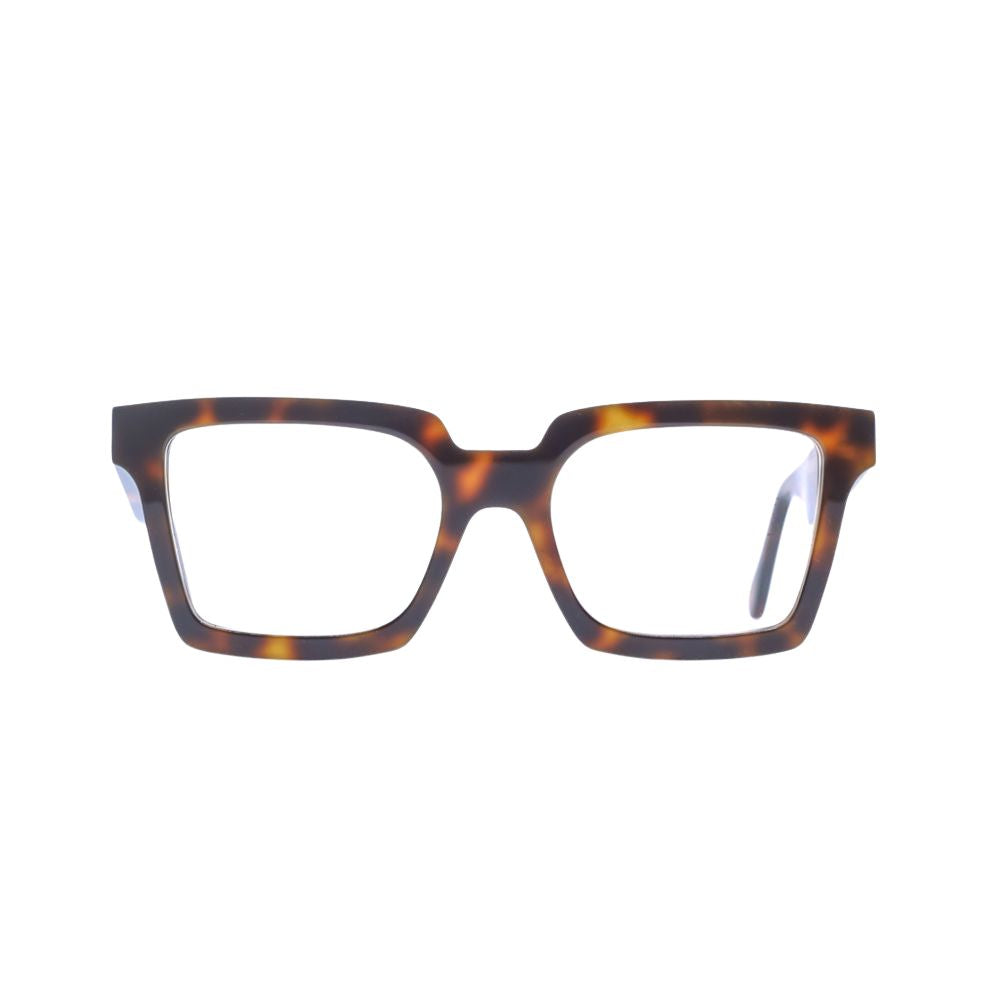 Eckige Brille aus Bioacetat, Farbe Havana, breite Passform. Frontansicht.