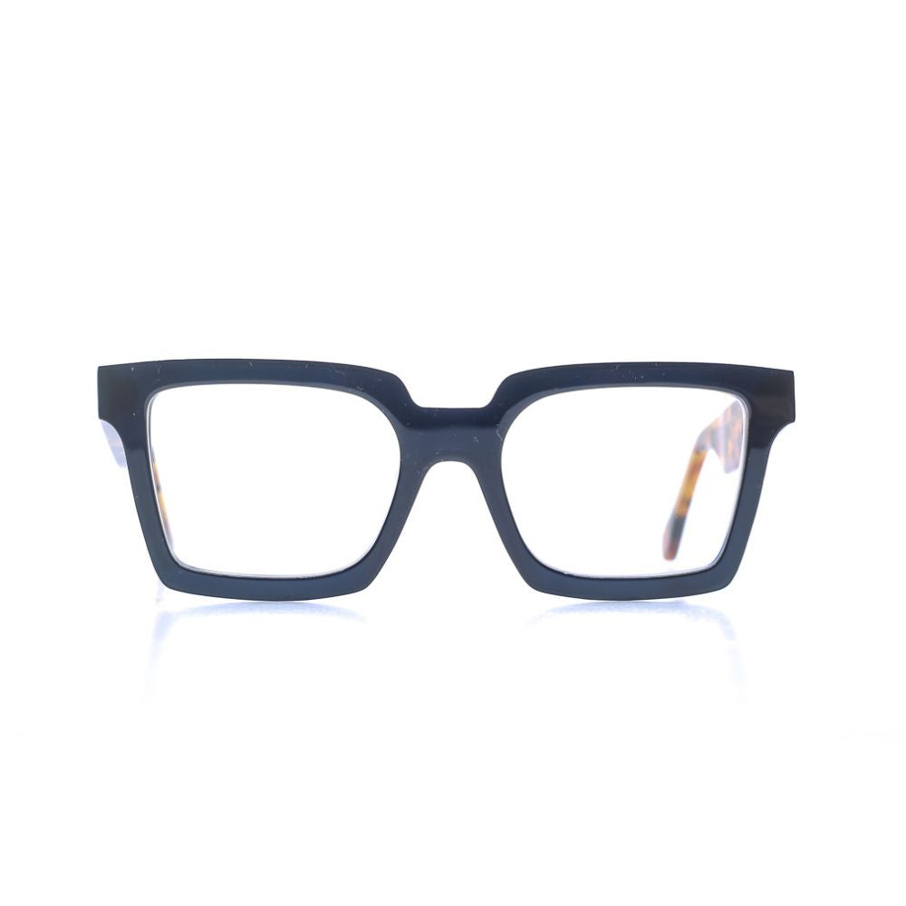 Eckige Brille aus Bioacetat, Farbe Blau, breite Passform. Frontansicht.