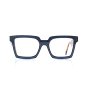 Eckige Brille aus Bioacetat, Farbe Blau, breite Passform. Frontansicht.