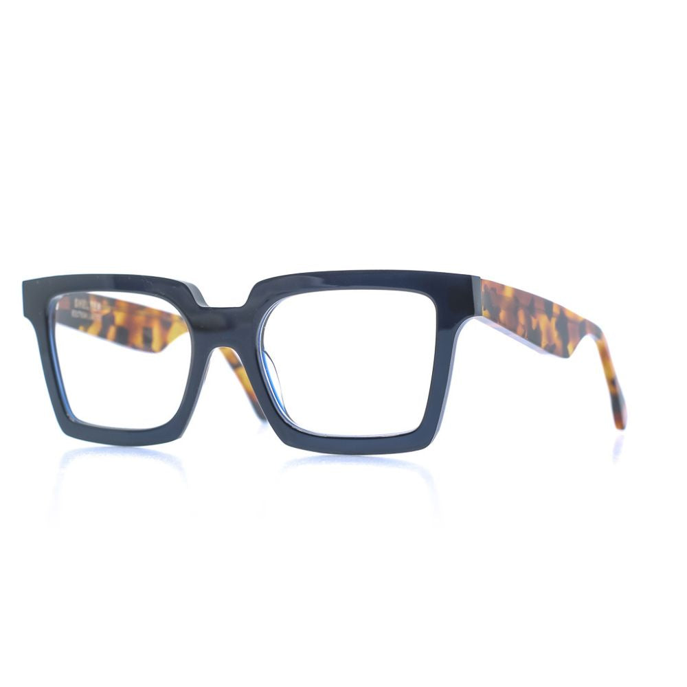 Eckige Brille aus Bioacetat, Farbe Blau, breite Passform. Seitenansicht.