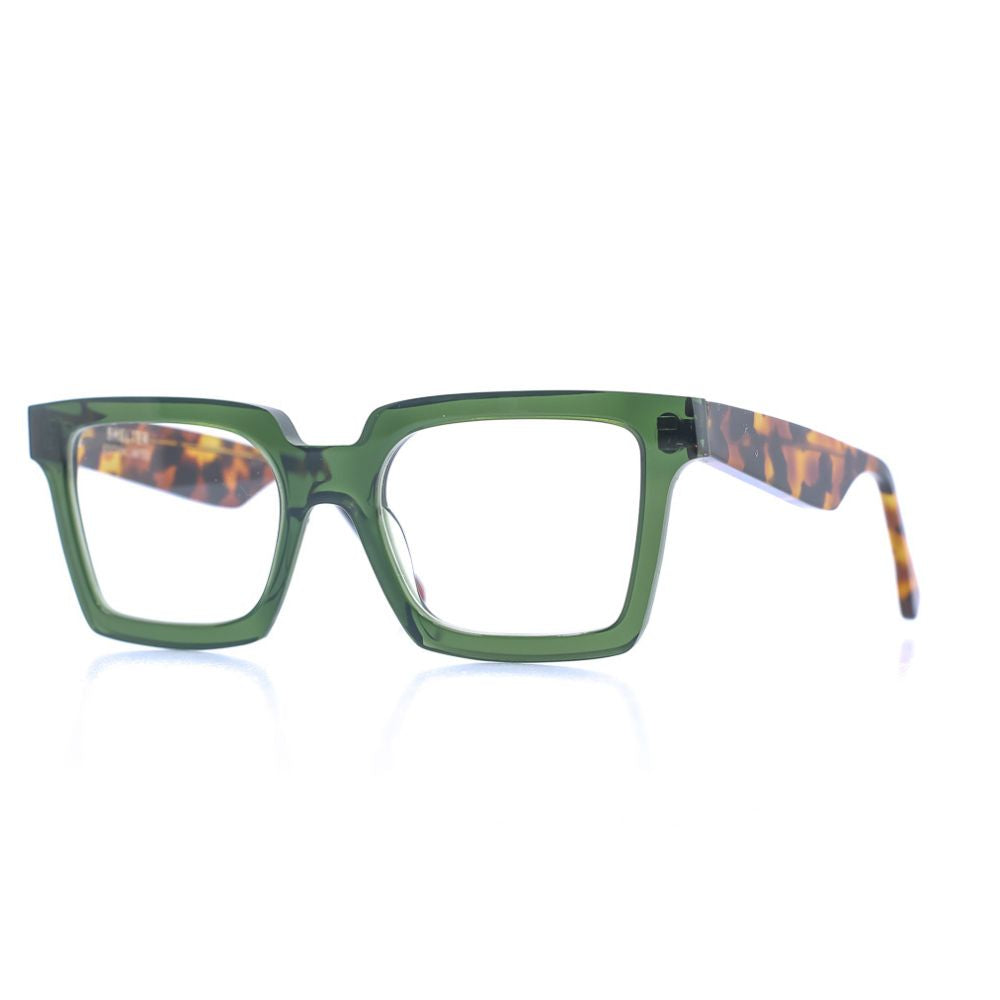 Eckige Brille aus Bioacetat, Farbe Grün, breite Passform. Seitenansicht.