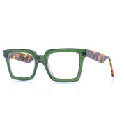 Eckige Brille aus Bioacetat, Farbe Grün, breite Passform. Seitenansicht.
