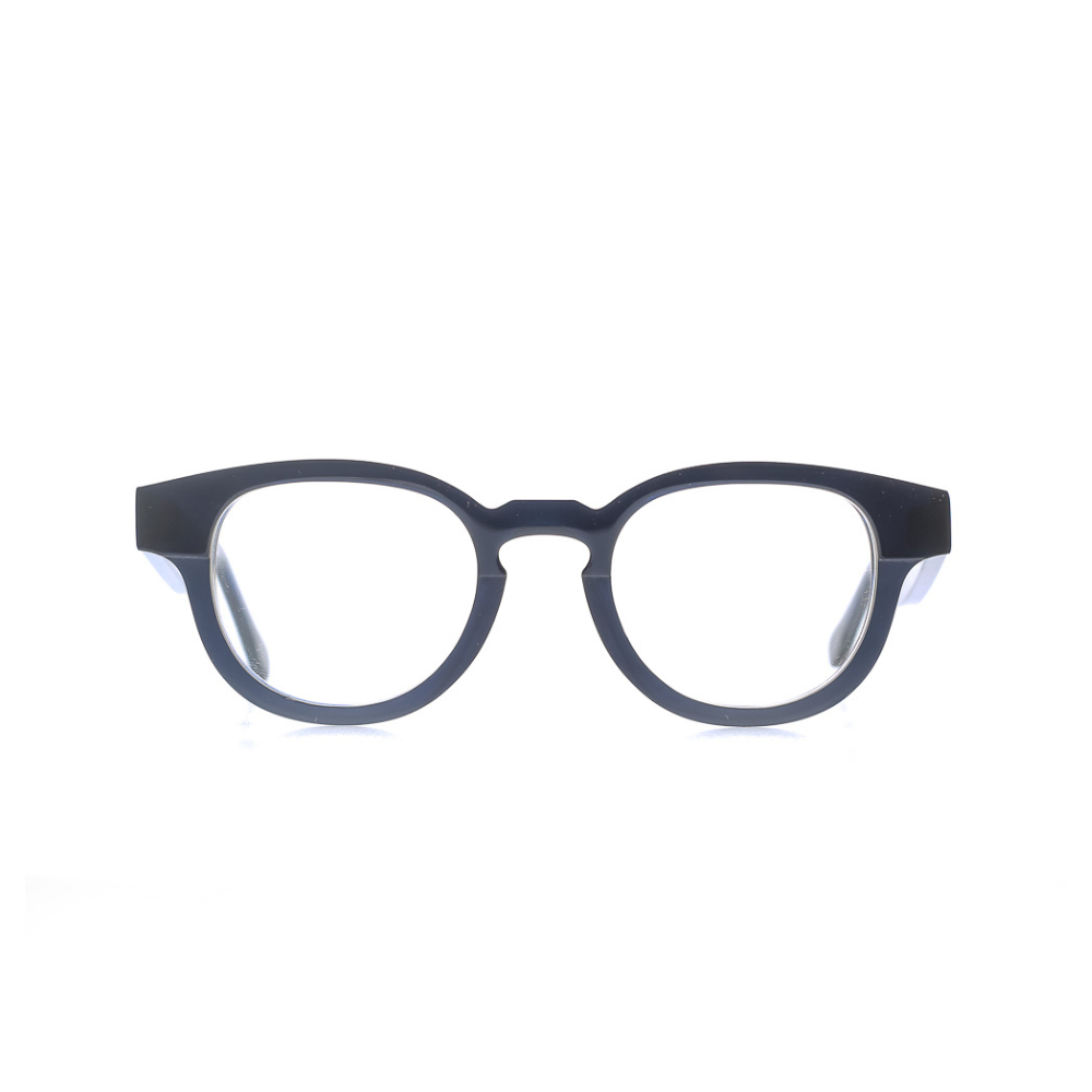 Ovale Brille aus Bioacetat, Farbe schwarz, blau, mittlere Passform. Frontansicht.
