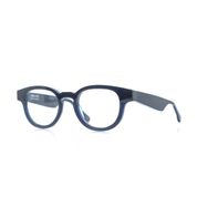 Ovale Brille aus Bioacetat, Farbe schwarz, blau, mittlere Passform. Seitenansicht.