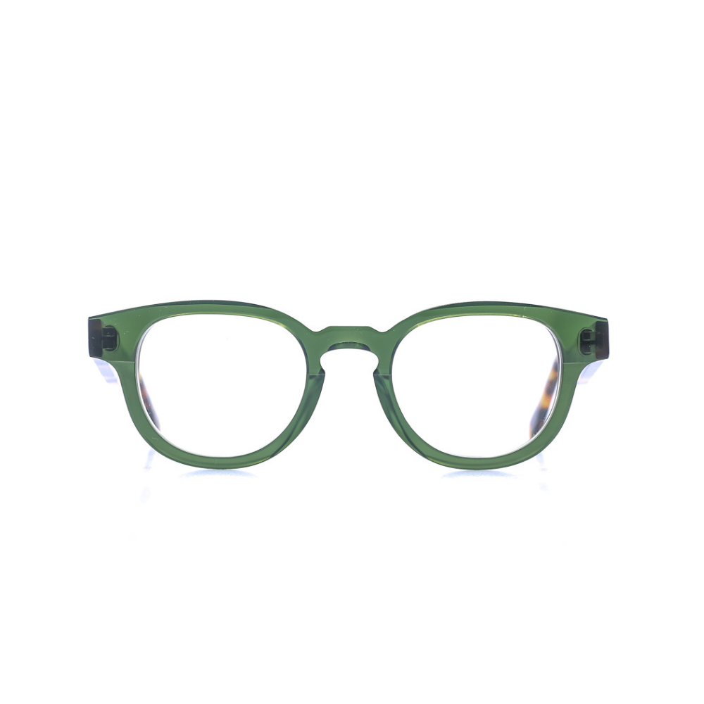 Ovale Brille aus Bioacetat, Farbe Grün, mittlere Passform. Frontansicht.