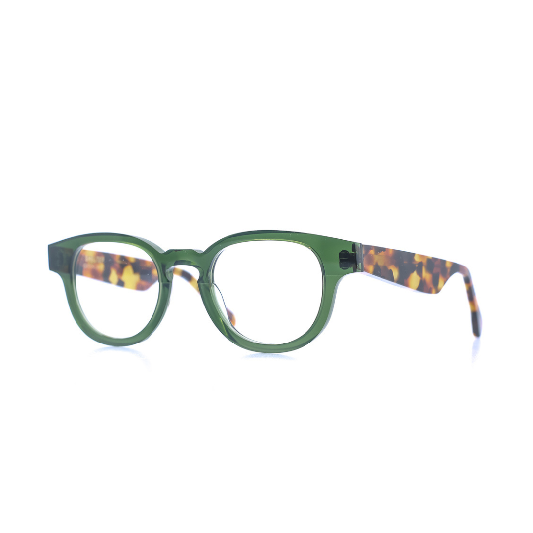 Ovale Brille aus Bioacetat, Farbe Grün, mittlere Passform. Seitenansicht.