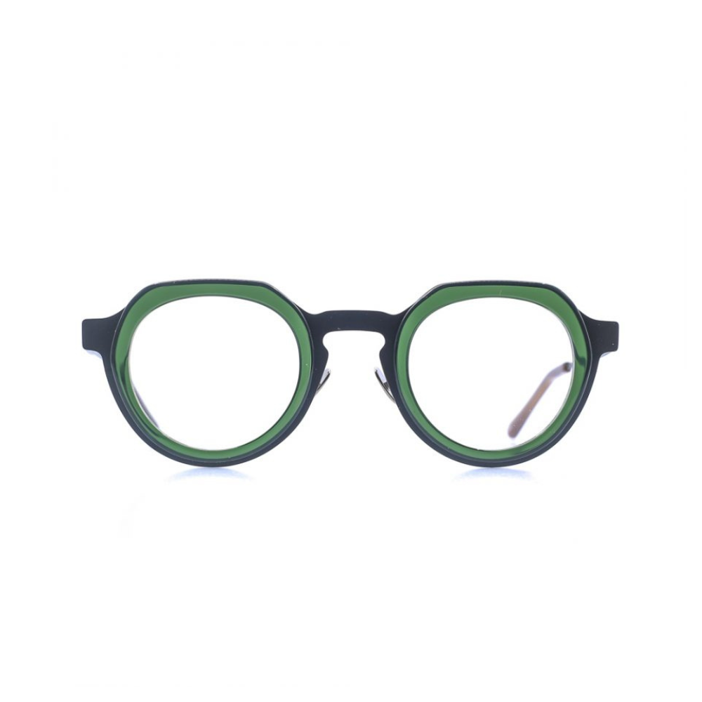 Panto-runde Brille aus Bioacetat und Edelstahl, Farbe Grün-Grau, breite Passform. Frontansicht