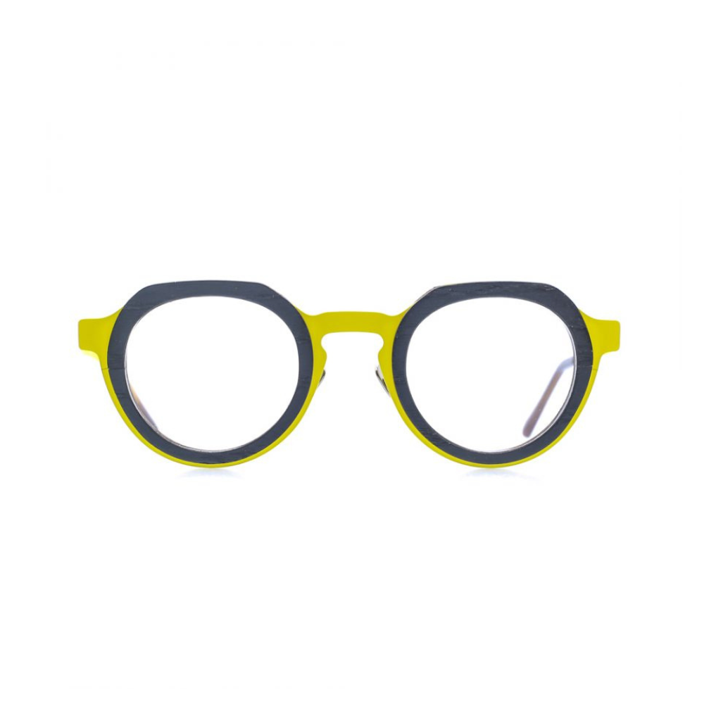 Panto-runde Brille aus Bioacetat und Edelstahl, Farbe Gellb-Grau, breite Passform. Frontansicht