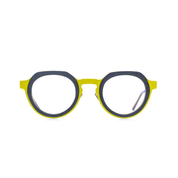 Panto-runde Brille aus Bioacetat und Edelstahl, Farbe Gellb-Grau, breite Passform. Frontansicht