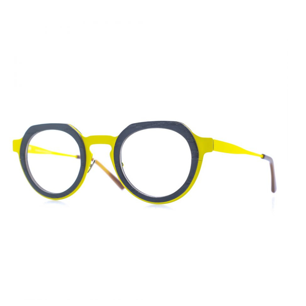 Panto-runde Brille aus Bioacetat und Edelstahl, Farbe Gellb-Grau, breite Passform. Seitenansicht