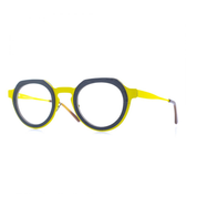 Panto-runde Brille aus Bioacetat und Edelstahl, Farbe Gellb-Grau, breite Passform. Seitenansicht