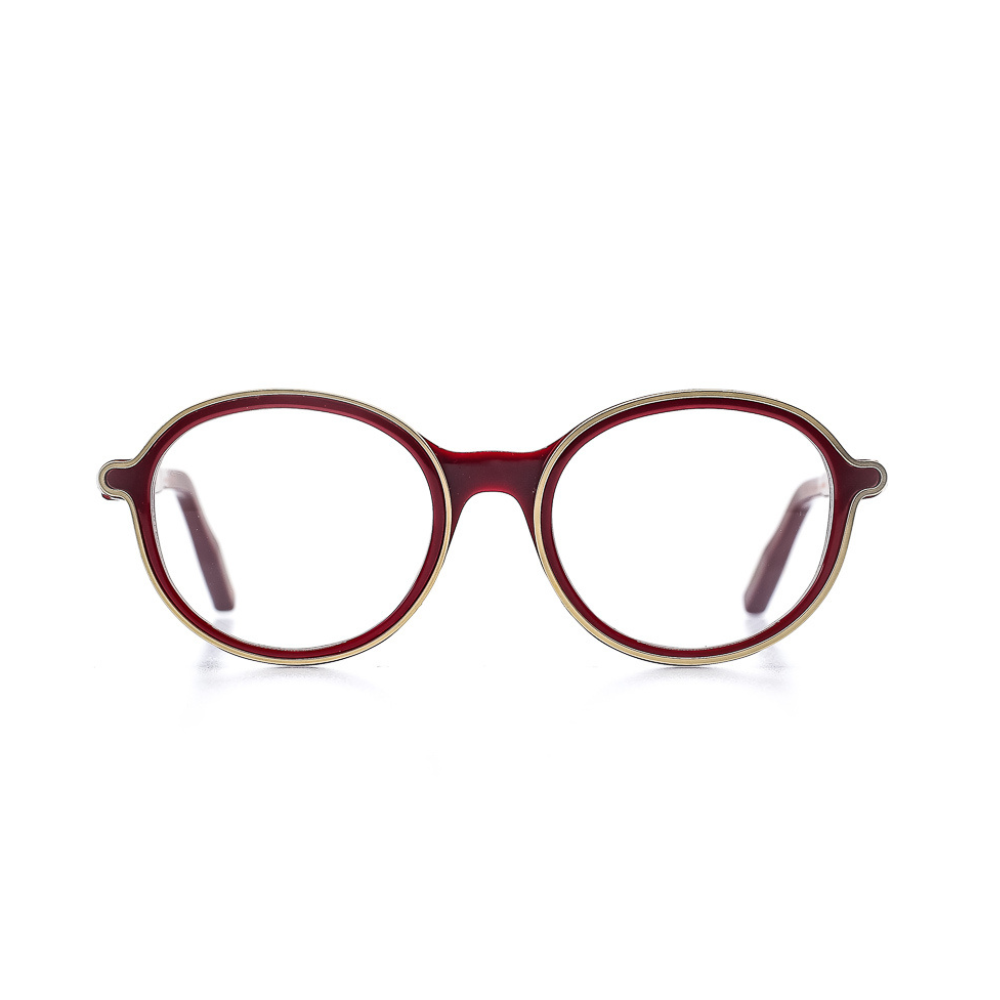 Rote, runde Brille aus Bioacetat und Metall mit markanter Verarbeitung. Breite Passform. Limitierte Kollektion mit 250 Stück. Frontansicht.