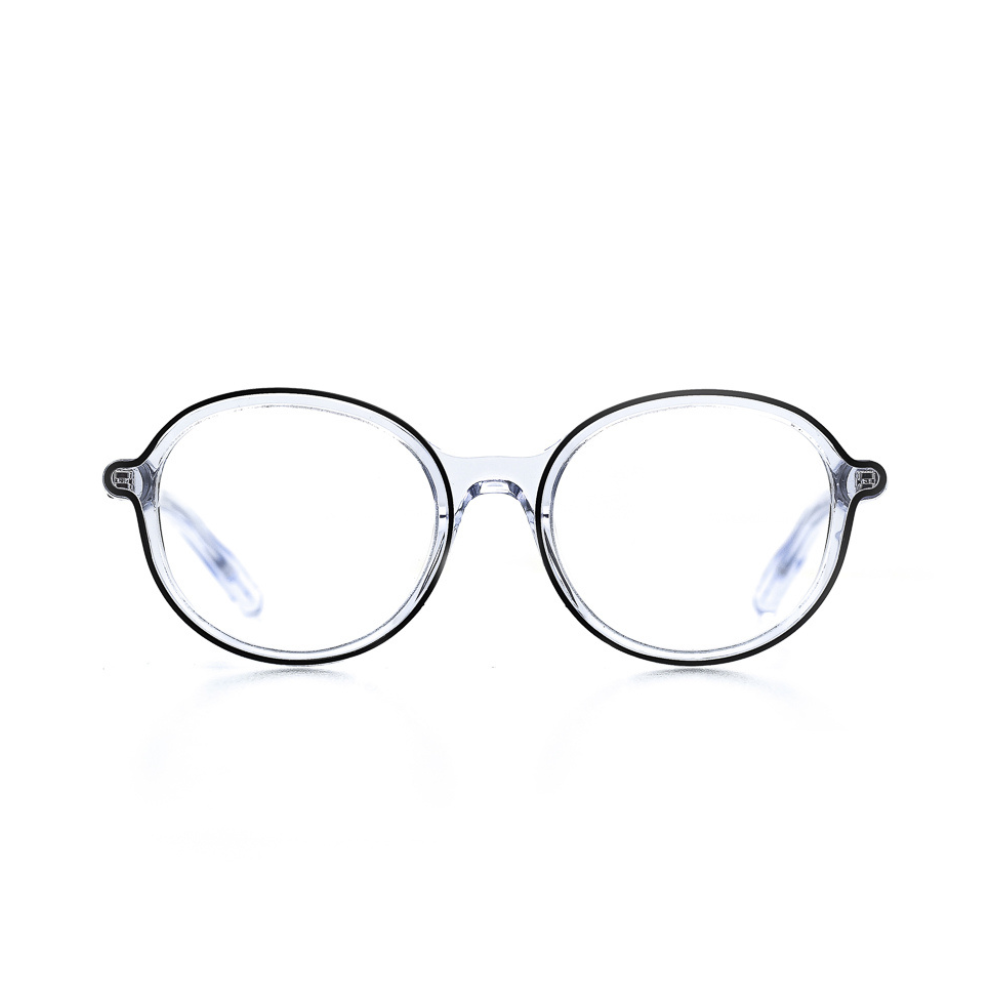 Transparente, runde Brille aus Bioacetat und Metall mit markanter Verarbeitung. Breite Passform. Limitierte Kollektion mit 250 Stück. Frontansicht.