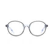 Transparente, runde Brille aus Bioacetat und Metall mit markanter Verarbeitung. Breite Passform. Limitierte Kollektion mit 250 Stück. Frontansicht.