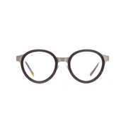 Massiv verarbeitete, panto-runde Brille aus Metall und Holz in Bronze-Braun. Breite Passform. Frontansicht.