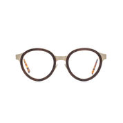 Massiv verarbeitete, panto-runde Brille aus Metall und Holz in Braun - Gold. Breite Passform. Frontansicht.