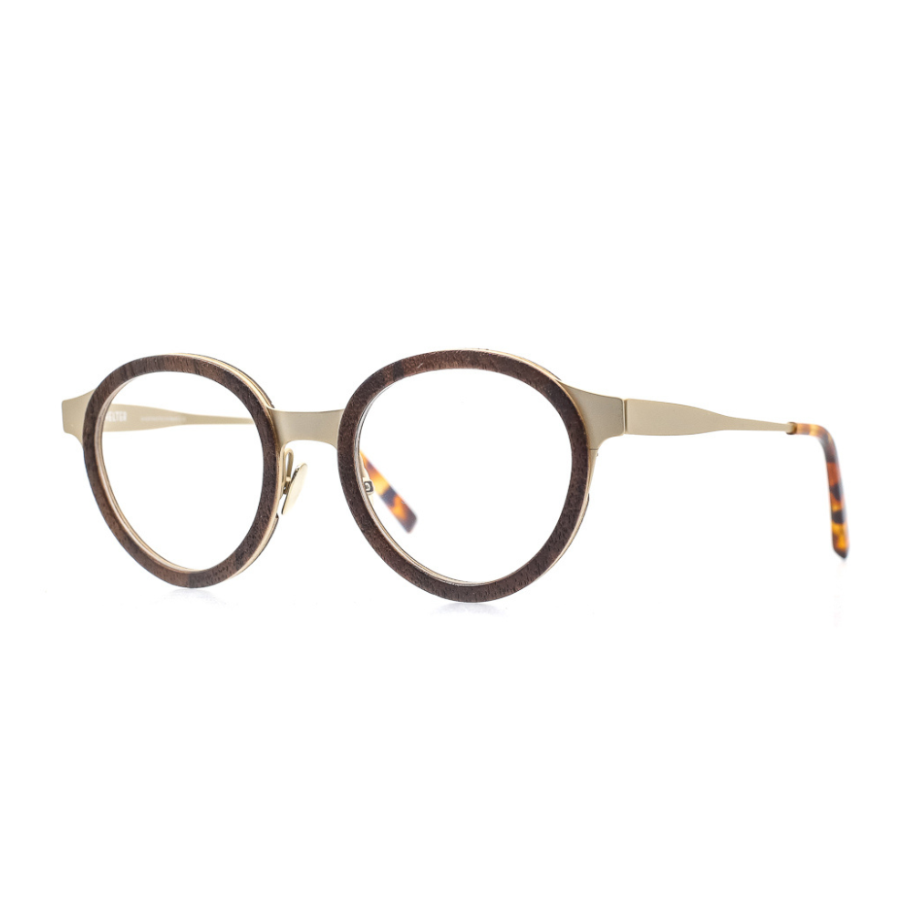 Massiv verarbeitete, panto-runde Brille aus Metall und Holz in Braun - Gold. Breite Passform. Seitenansicht.
