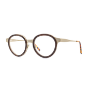 Massiv verarbeitete, panto-runde Brille aus Metall und Holz in Braun - Gold. Breite Passform. Seitenansicht.