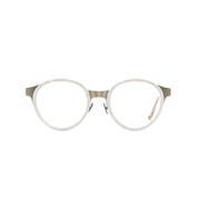 Massiv verarbeitete, panto-runde Brille aus Metall und Holz in Transparent - Gold. Breite Passform. Frontansicht.