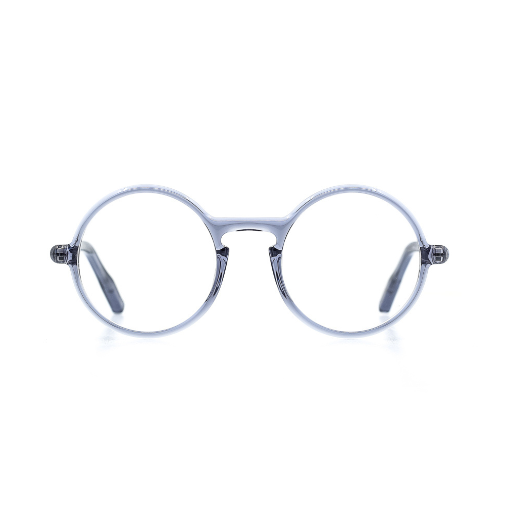 Fein verarbeitete, runde Brille aus Bioacetat in Blau. Breite Passform. Limitierte Kollektion mit 250 Stück. Frontansicht.