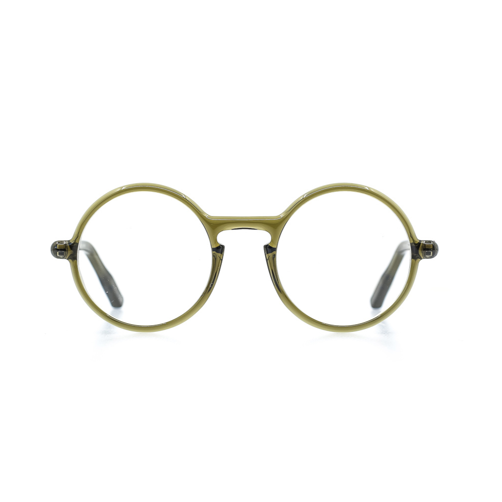 Fein verarbeitete, runde Brille aus Bioacetat in Grün. Breite Passform. Limitierte Kollektion mit 250 Stück. Frontansicht.