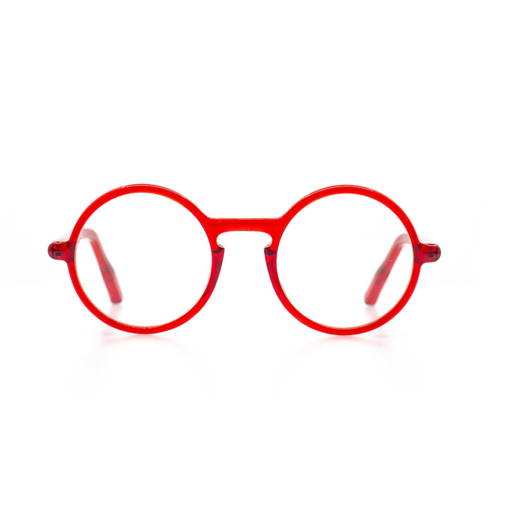 Fein verarbeitete, runde Brille aus Bioacetat in Rot. Breite Passform. Limitierte Kollektion mit 250 Stück. Frontansicht.