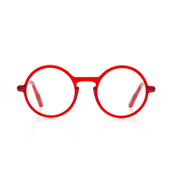 Fein verarbeitete, runde Brille aus Bioacetat in Rot. Breite Passform. Limitierte Kollektion mit 250 Stück. Frontansicht.