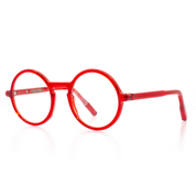 Fein verarbeitete, runde Brille aus Bioacetat in Rot. Breite Passform. Limitierte Kollektion mit 250 Stück. Seitenansicht.