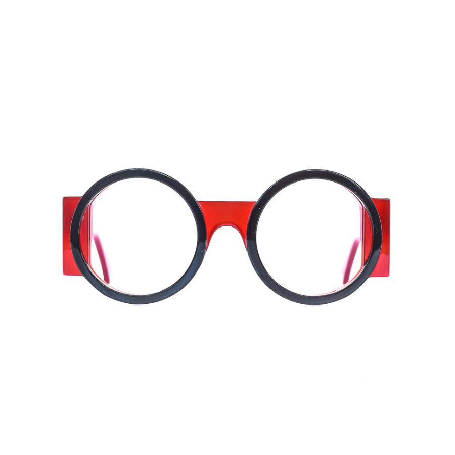 Runde Bonocler Brille aus Bioacetat, Schwarz-Rot, breite Passform, limitierte Auflage 250 Stück.
Frontansicht.