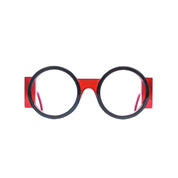 Runde Bonocler Brille aus Bioacetat, Schwarz-Rot, breite Passform, limitierte Auflage 250 Stück.
Frontansicht.