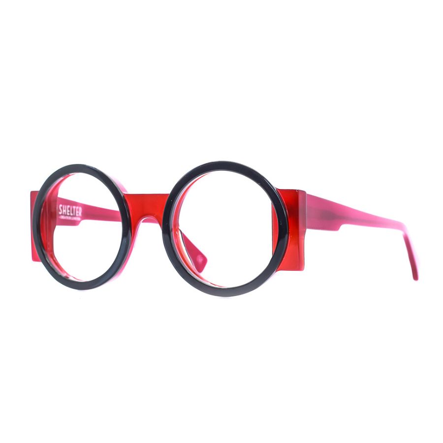 Runde Bonocler Brille aus Bioacetat, Schwarz-Rot, breite Passform, limitierte Auflage 250 Stück.
Seitenansicht..