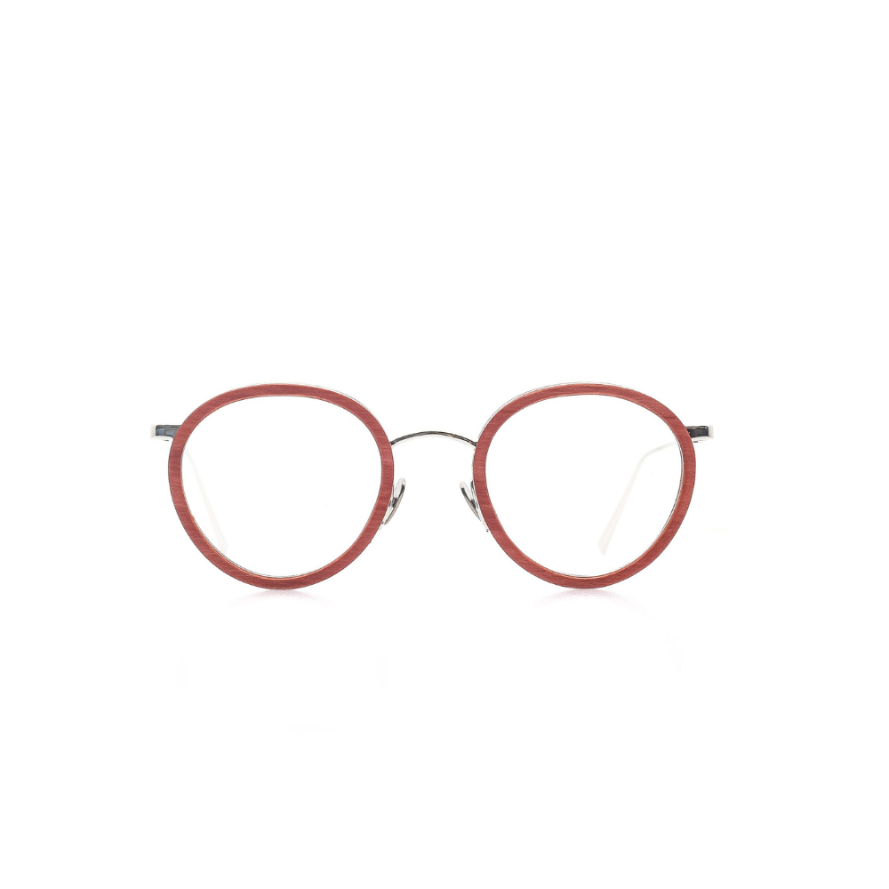 Markant verarbeitete, panto-runde Brille aus Acetat und Edelstahl in Rot -Gold. Mittlere Passform. Frontansicht.