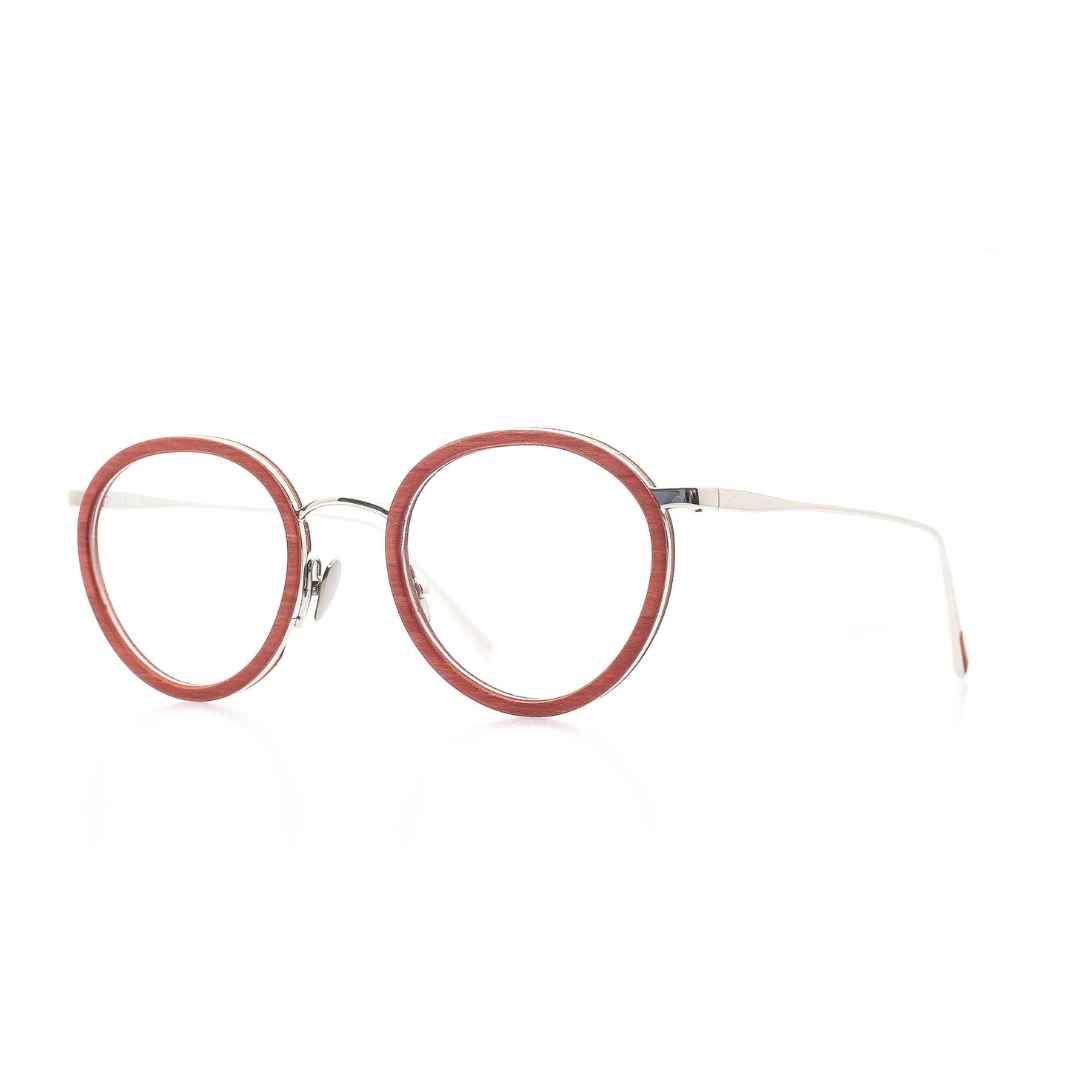 Markant verarbeitete, panto-runde Brille aus Acetat und Edelstahl in Rot -Gold. Mittlere Passform. Seitenansicht.