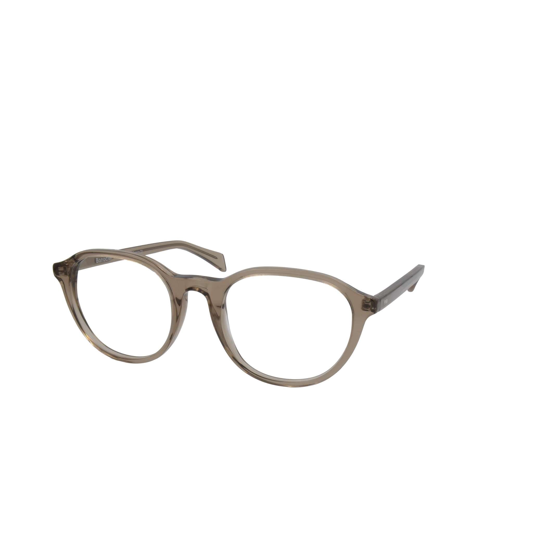 Elegante runde Brille von Bonocler in transparenter Austernfarbe, ideal für einen modernen und minimalistischen Stil. Seitenansicht.