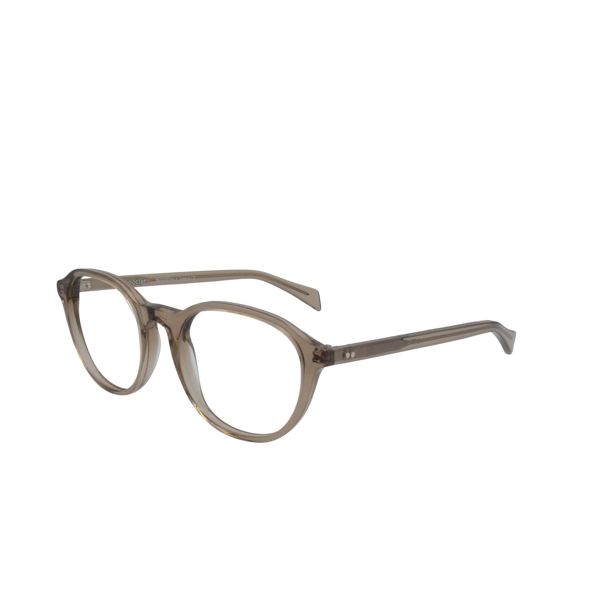 Elegante runde Brille von Bonocler in transparenter Austernfarbe, ideal für einen modernen und minimalistischen Stil. Bügelansicht.