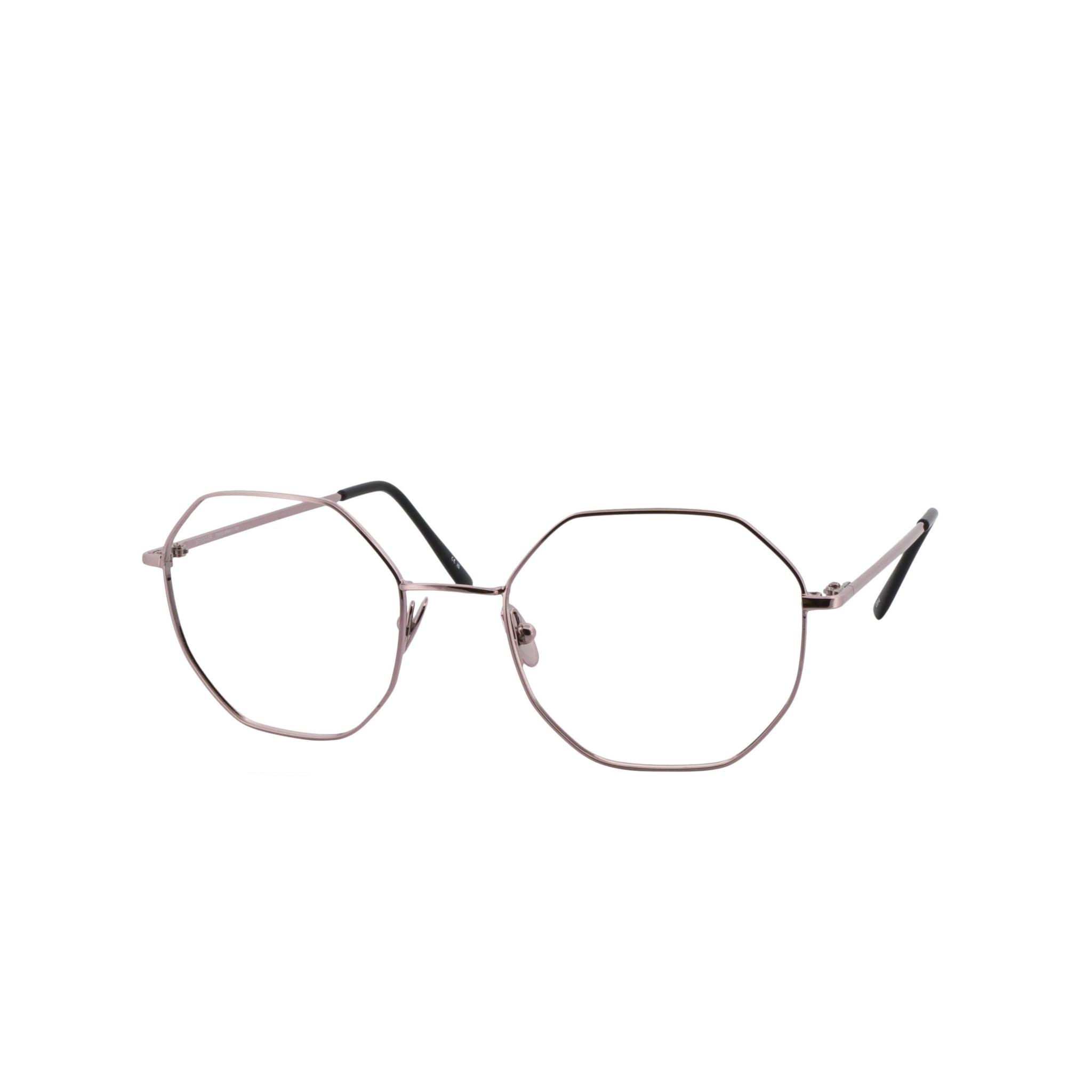 Achteckige Brille aus Metall in Rosegold und Schawrz, für Frauen und Männer, von BONOCLER. Seitenansicht.